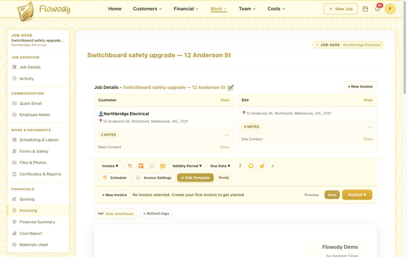 Flowody job Invoicing page showing the New Invoice button and an empty invoice state.