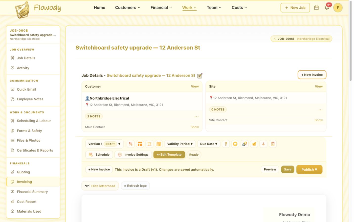 Flowody new invoice editor showing the Northbridge Electrical customer, site, job number and blank line item.
