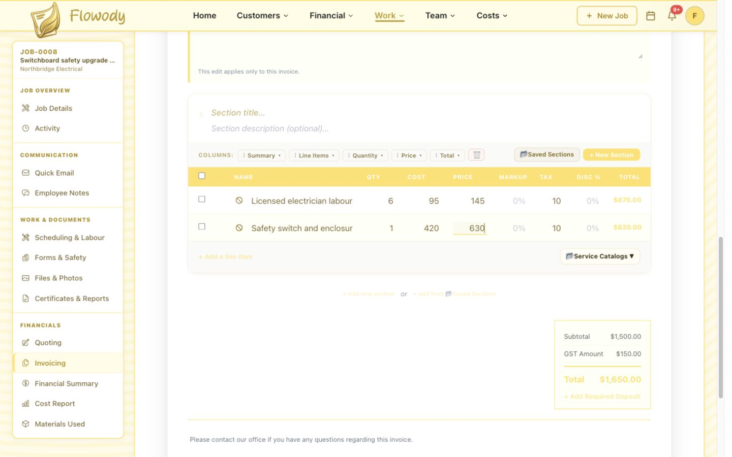 Flowody invoice totals area showing a subtotal, GST amount and final total.