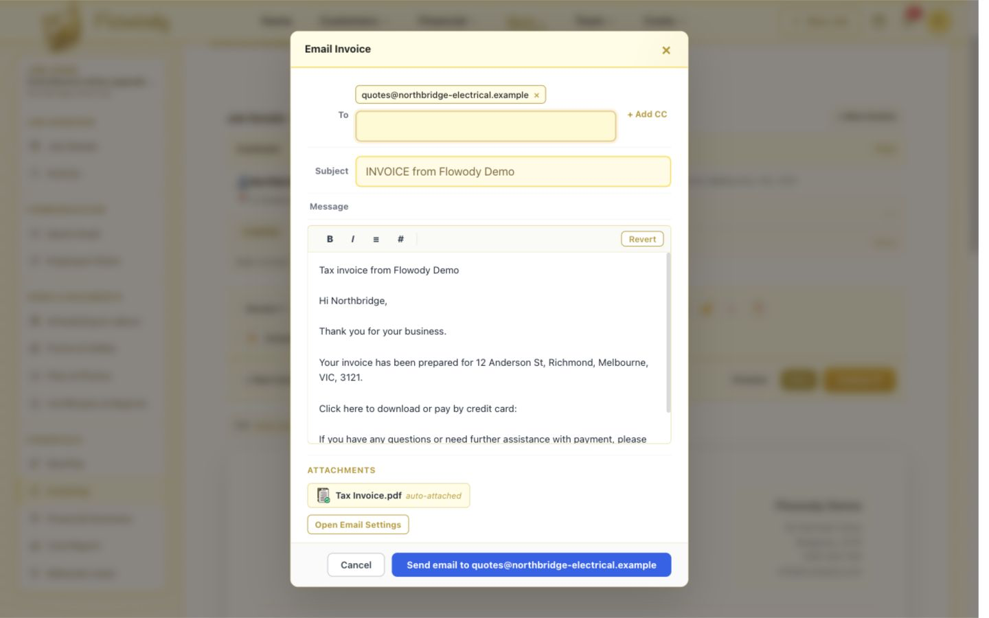 Flowody Email Invoice window showing recipient, subject, message, attached tax invoice PDF and Send email button.