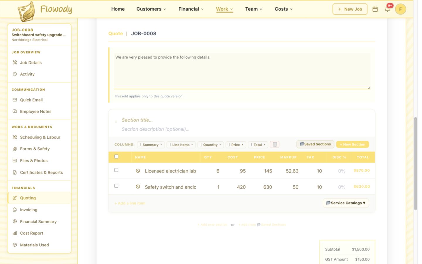 Flowody quote editor showing labour and materials line items with quantity, cost, price, markup, tax and total columns.