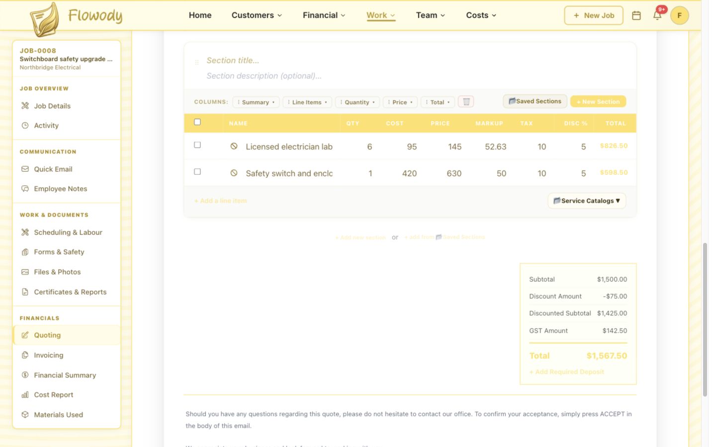 Flowody quote totals showing subtotal, discount amount, discounted subtotal, GST amount and final total.