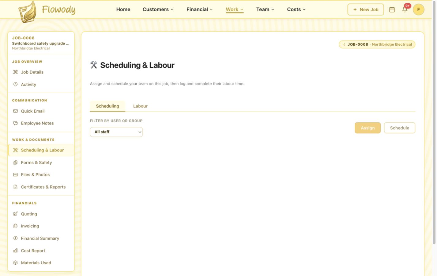 Empty Flowody Scheduling and Labour page before any employee or time block has been scheduled.
