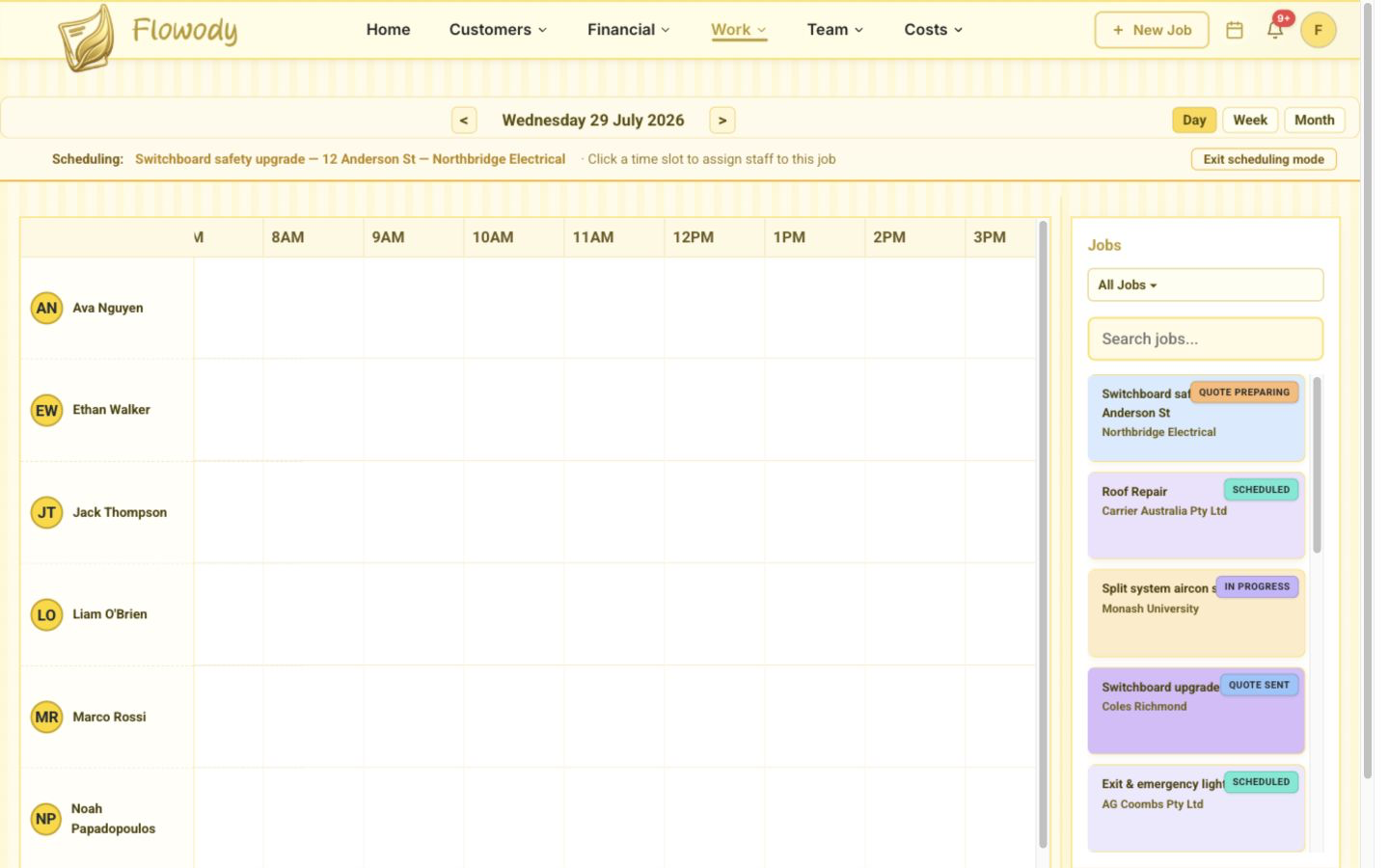 Flowody calendar in Scheduling mode ready to place the selected job into an employee time slot.