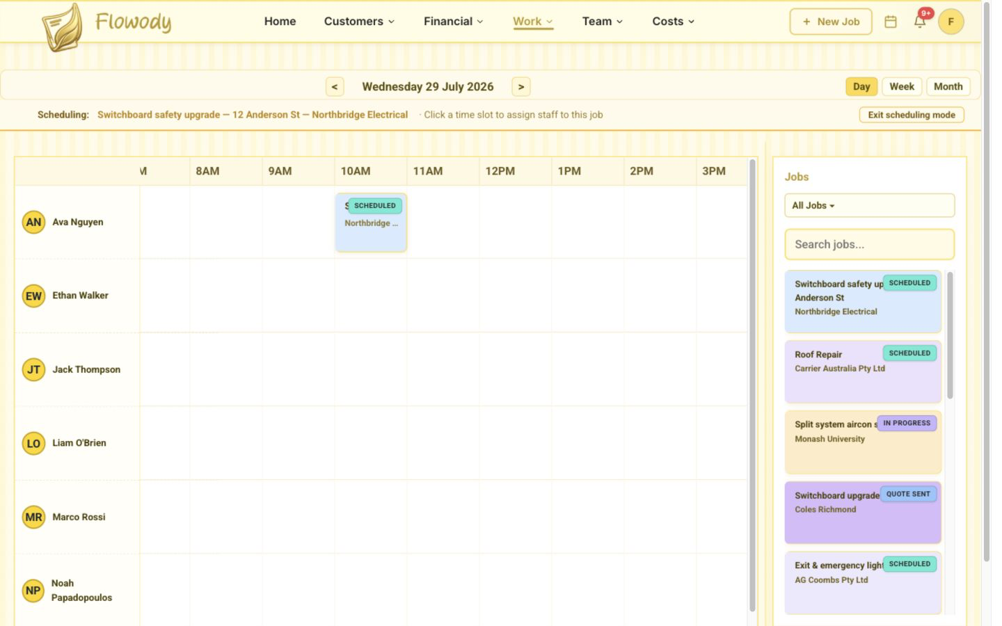 Flowody calendar showing a scheduled job block in an employee row, ready for additional employees or dates to be scheduled.