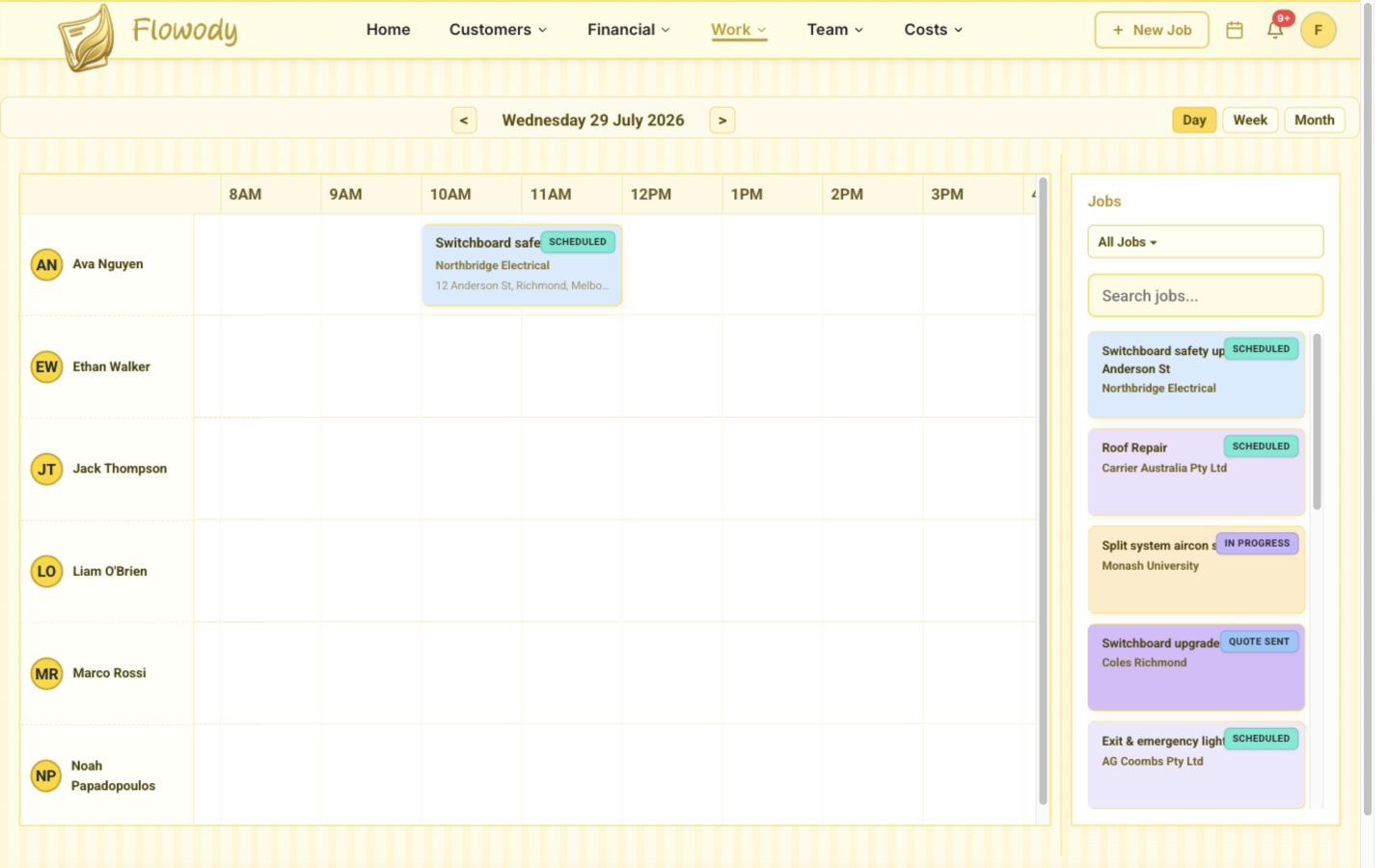 Flowody calendar showing the Northbridge Electrical job resized from 10 AM to 12 PM, with draggable left and right edges for adjusting its start and end time.