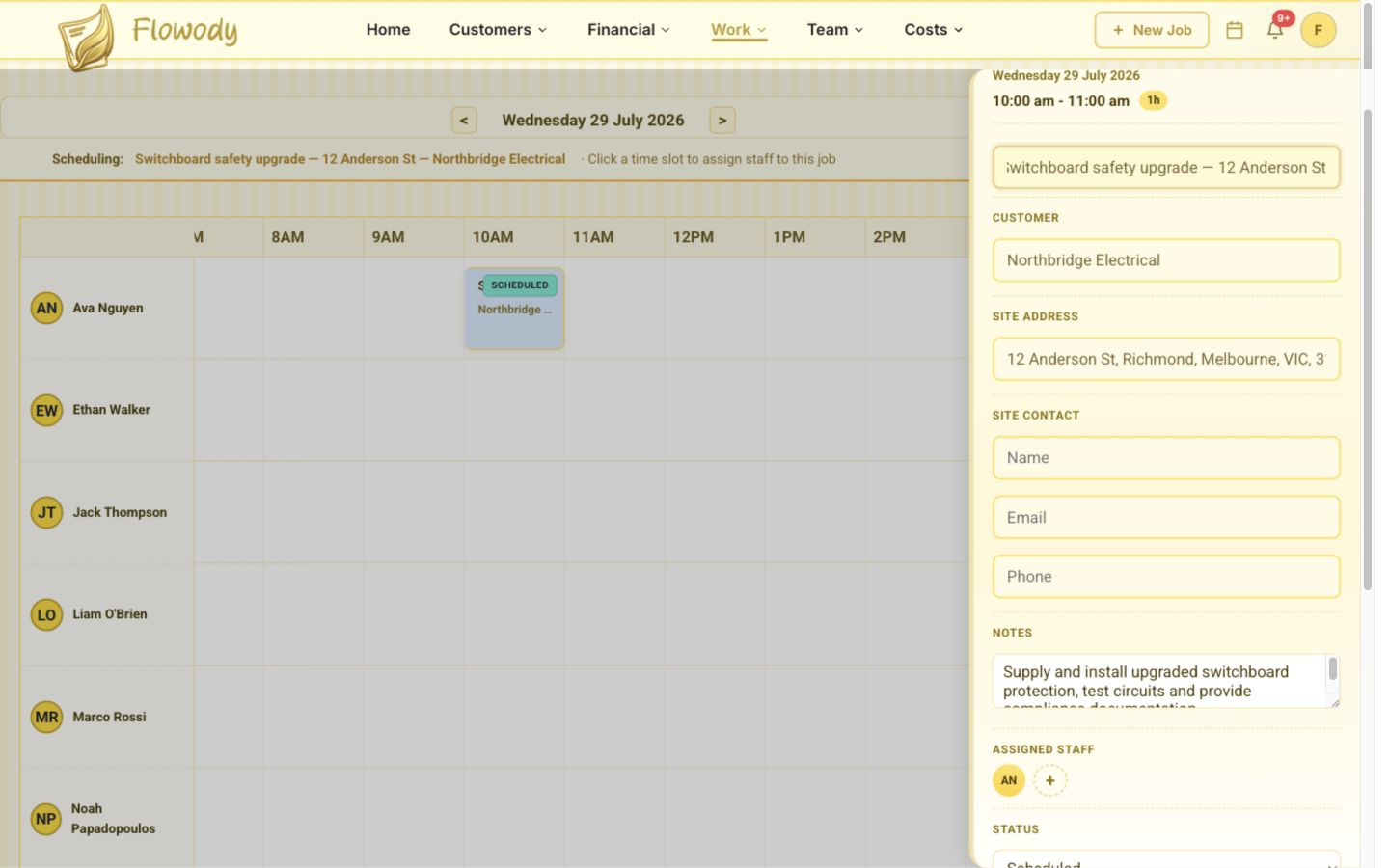 Flowody Edit event panel showing the scheduled job's customer, site, contact, notes, assigned staff, status and event colour fields.